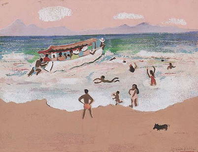 American School, 20 th c: American School, 20 th c ., "Tropical Beach Scene", oil and chalk on paper, illegibly signed lower right, sight 6 1/2 in. x 8 1/2 in., attractively matted and framed