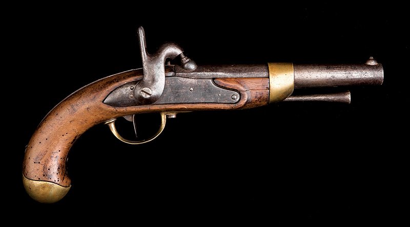 Three Antique French Percussion Pistols: Three Antique French Percussion Pistols, incl. Model 1822 cavalry pistol, lock marked "M.D. de Mutzig", stock marked "1283/ St Etienne/ D", barrel l. 7 3/4 in.; model "AN XIII" cavalry pistol, lock ma