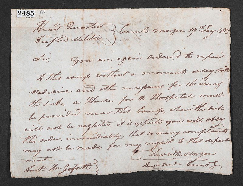 [Battle of New Orleans]: [Battle of New Orleans], autographed letter signed General David B. Morgan, dated Jan. 19, 1815, to Dr. William Goforth, order to return to Camp Morgan with medicine and supplies to treat the sick, sh
