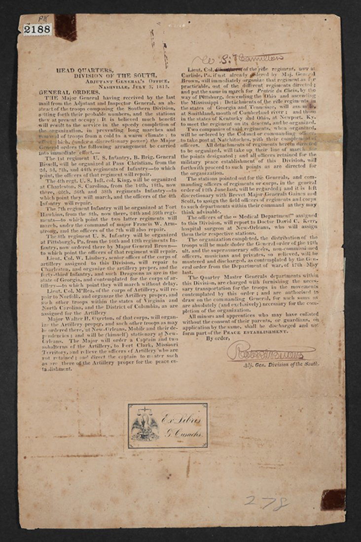 [Battle of New Orlea: [Battle of New Orleans], incl. manuscript requisition for stationery for General David B. Morgan, Jan. 1815, 13 1/2 in. x 8 1/4 in.; autographed document signed Capt. David C. Hatch, Jan. 14, 1815, re