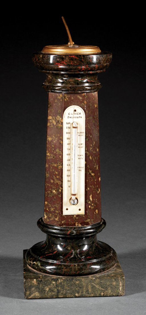 William IV Sundial and Thermometer: William IV Marble Sundial and Thermometer, 19th c., thermometer scale signed "Carver/Falmouth", the sundial fitted with a compass, h. 13 in., w. 4 3/ 4in., d. 4 3/4 in