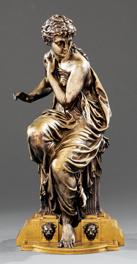 Etienne-Henri Dumaige (French): Etienne-Henri Dumaige (French, 1830-1888), "Classical Lady Seated on a Lion-Mounted Throne", 1875, silvered bronze with bronze doré base, inscribed signature and date on right, "2b449" on reverse, h.