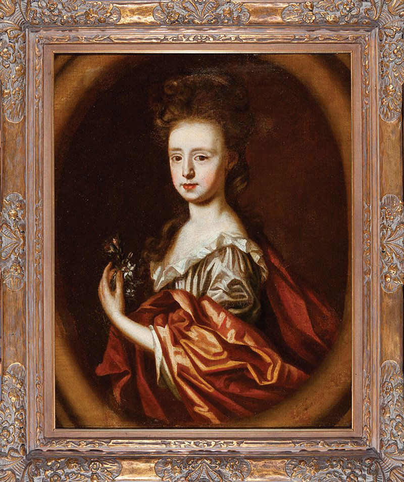 British School, 1697: British School, 1697, "Portrait of a Lady within a Fictive Oval Stone Frame", oil on canvas, possibly a member of the Chichester family according to pencil inscription on stretcher, faintly signed and