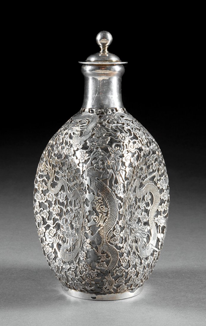 Chinese Export Teh Ling Bottle: Chinese Export Teh Ling Silver Overlay Glass "Pinch" Bottle, probably c. 1920s, overlaid with dragons pursuing flaming pearls amid cloud scrolls, glass marked "Wu Hua Lou Oi On", silver hallmarked "Te