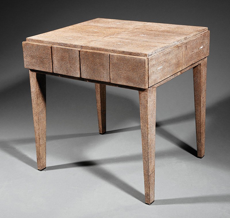 Side Table, "R & Y Augousti Paris": Contemporary French Shagreen Side Table, stamped "R & Y Augousti Paris", four frieze drawers, square tapered legs