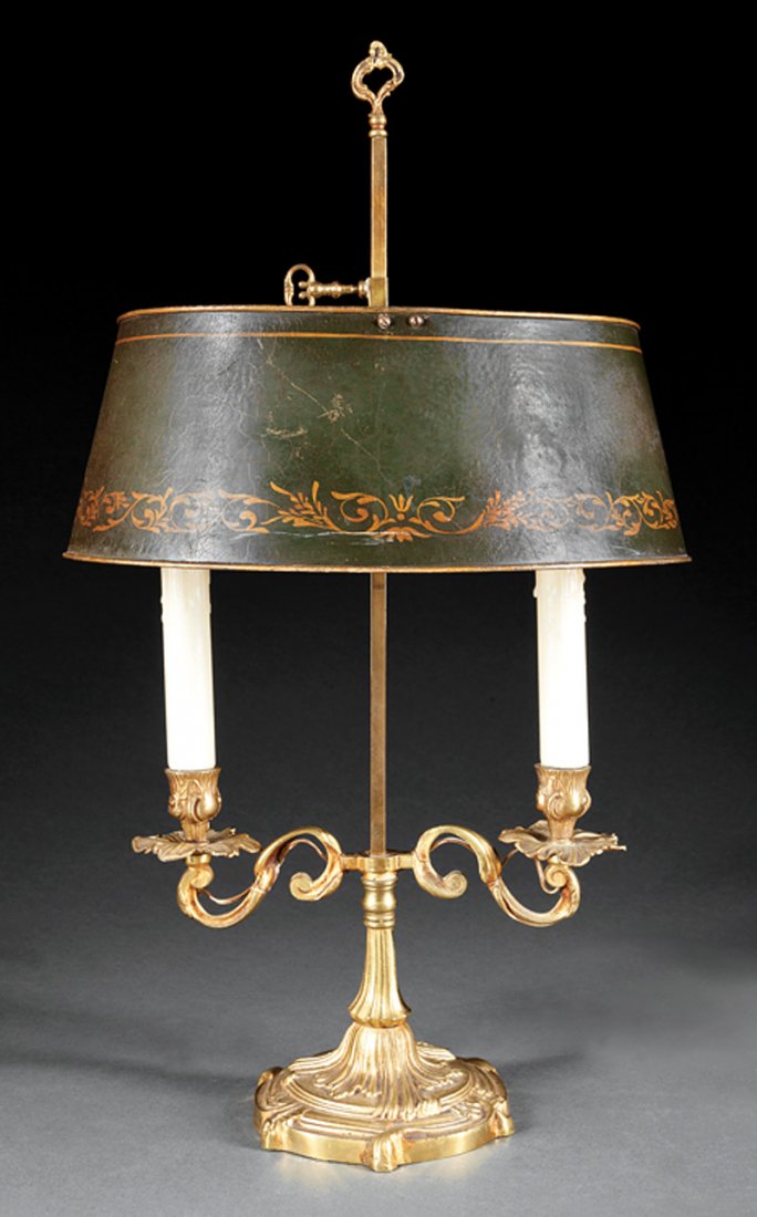 Louis XV-Style Bouillotte Lamp: Louis XV-Style Gilt Bronze Two-Light Bouillotte Lamp, 20th c., gilt-stenciled tole peinte shade, h. 22 in