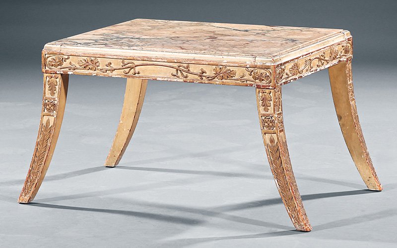 Regency-Style Low Table: Regency-Style Painted and Parcel Gilt Low Table, late 19th c., marble top, carved frieze, sabre legs, h. 15 3/4 in., w. 29 3/4 in., d. 19 in. Provenance: Estate of Janice Lane Young, Richmond, VA