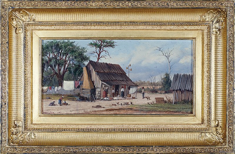 William Aiken Walker: William Aiken Walker (American/South Carolina, 1838-1921), "Cabin Scene", oil on academy board, signed lower left, pencil-titled and inscribed en verso, 6 1/4 in. x 12 1/4 in., framed. Provenance: Est