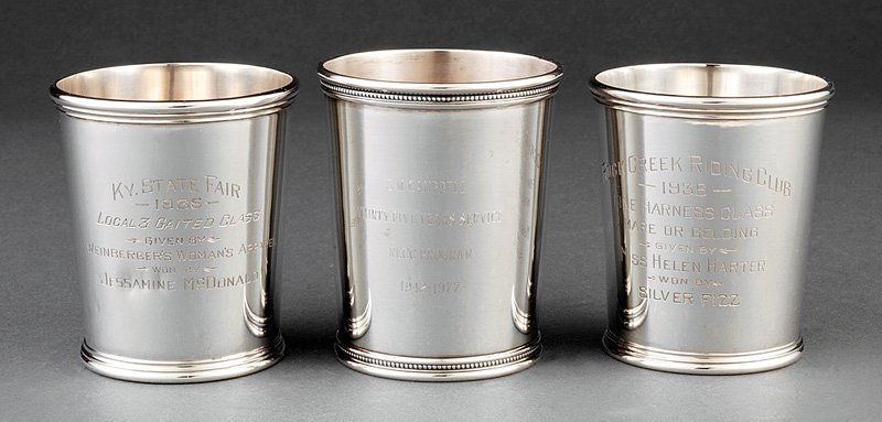 3 American Sterling Silver Julep Cups: Three American Sterling Silver Presentation Julep Cups, incl. 1938 Rock Creek Riding Club Harness Racing and 1935 KY State Fair presentations, both by Manchester Silver Co., Providence, RI, and 1977 s