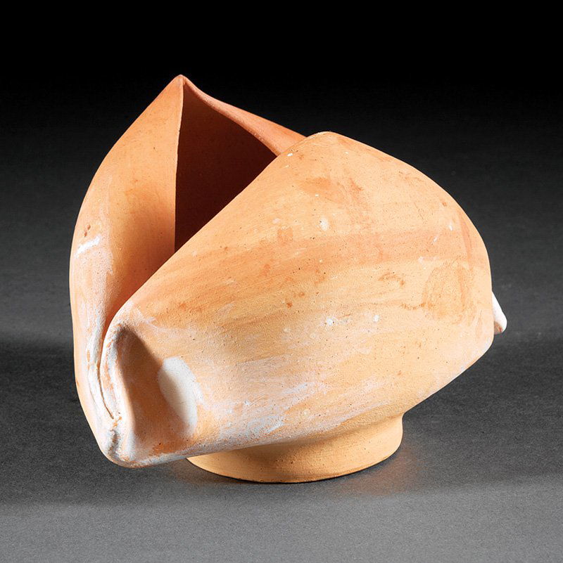 George Ohr Bisque Pottery Vessel: George Ohr Bisque Pottery Vessel, cursive signature, folded vessel, h. 3 3/4 in., w. 5 1/8 in., d. 4 in