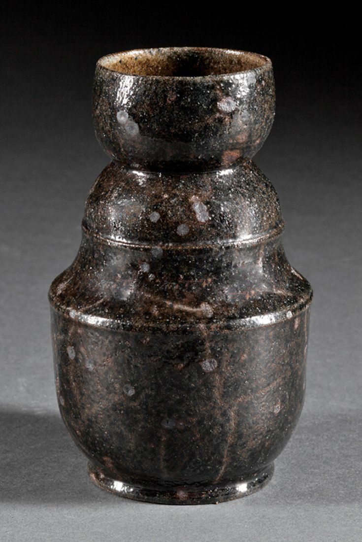 George Ohr Pottery Vessel: George Ohr Pottery Vessel, stamped mark, vasiform, green/brown glaze, h. 4 1/2 in., dia. 2 3/4 in