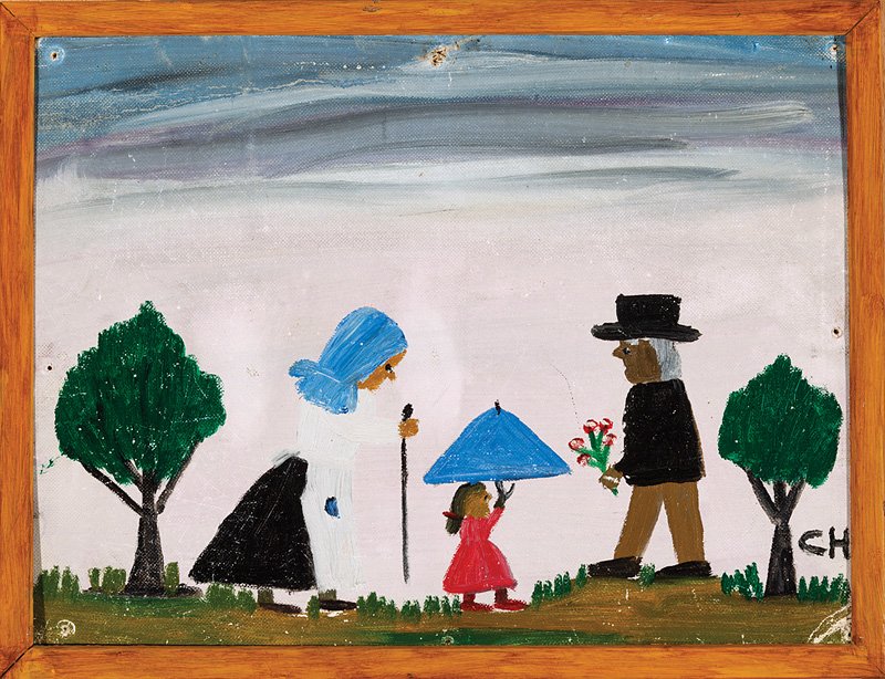 Clementine Hunter (American/Louisiana): Clementine Hunter (American/Louisiana, 1886-1988), "Going to Church", oil on canvas board, monogrammed lower right, titled en verso, 9 in. x 12 in., framed