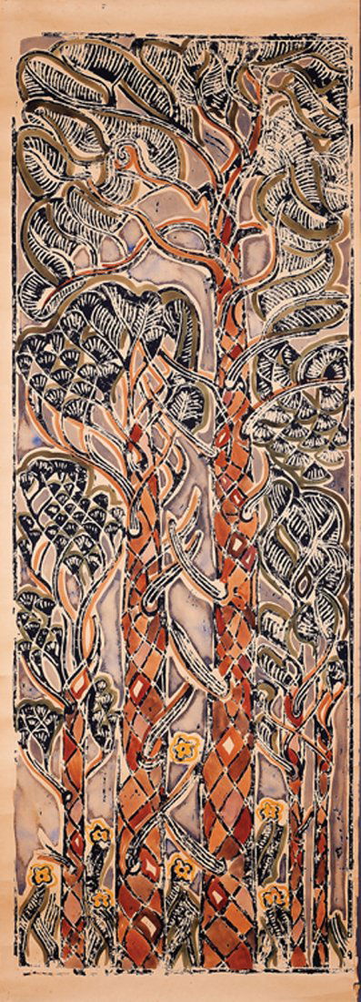 After Walter Inglis Anderson: After Walter Inglis Anderson (American/Mississippi, 1903-1965), "Tall Pines", hand-colored linocut on paper, signed by the artists and titled en verso, printed from original block by Carolyn Fournier
