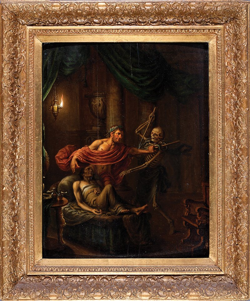 Continental School, late 18th/early 19th c: Continental School, late 18th/early 19th c., "Death Approaches", oil on wood panel, unsigned, 20 1/2 in. x 16 in., antique frame