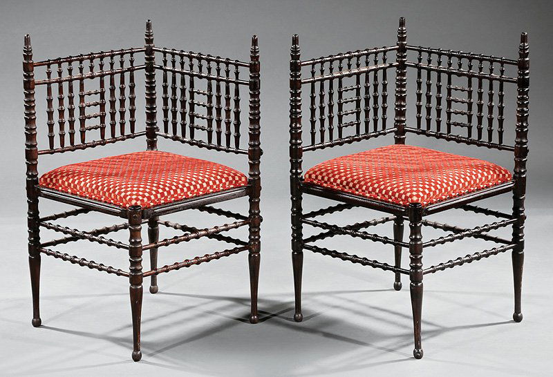 Pair of American Aesthetic Ebonized Corner Chairs: Rare Pair of American Aesthetic Ebonized Corner Chairs, c. 1870-1880, spindle-turned backs and uprights, conforming stretchers, h. 30 in., w. 16 in., d. 16 in