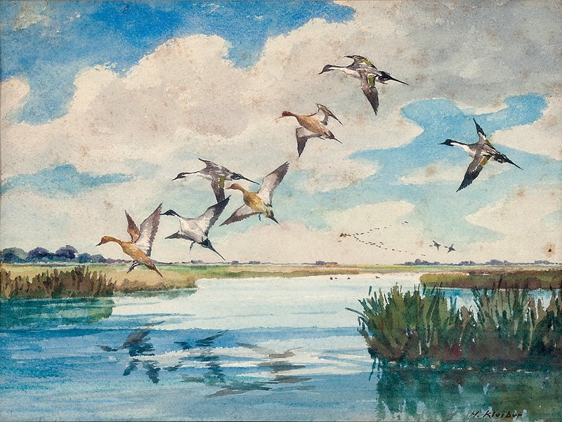 Hans Kleiber (German/Wyoming, 1887-1967): Hans Kleiber (German/Wyoming, 1887-1967), "Pintails at Grand Chenier Marshes", watercolor on paper, signed lower right, titled lower left, "Farish Art Store Inc., Royal St., New Orleans" stamp en vers