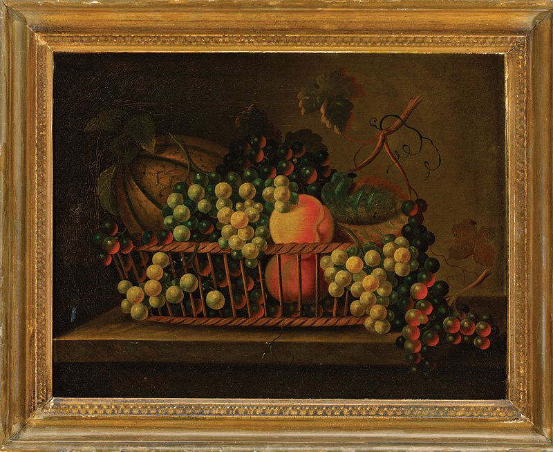 Philadelphia School, 19th c: Philadelphia School, 19th c., "Still Life of Grapes, Peaches and Melon in a Wicker Basket", oil on canvas, unsigned, in the manner of James Peale (American, 1749-1831), 16 1/2 in. x 21 1/4 in., period