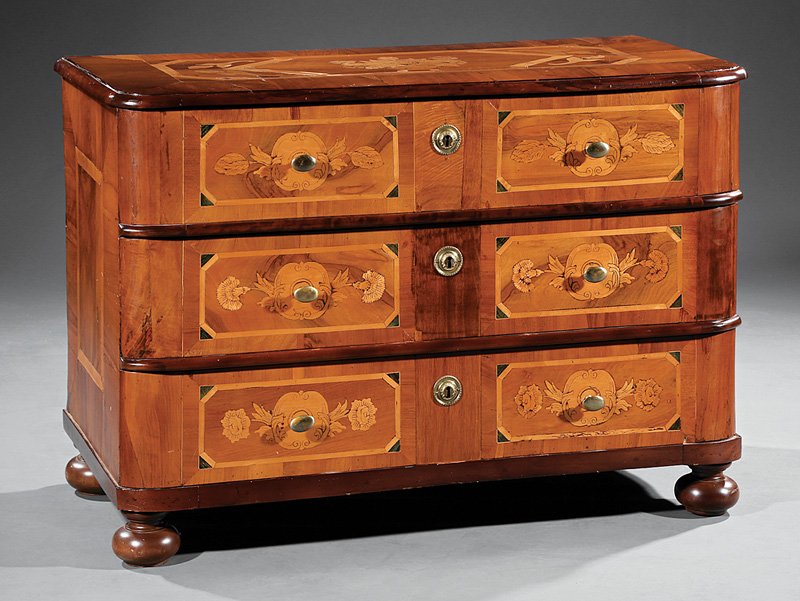 Continental Fruitwood Marquetry Commode: Continental Fruitwood Marquetry Commode, 19th c., floral inlaid top, three drawers, bun feet, h. 32 in., w. 46 1/2 in., d. 24 in