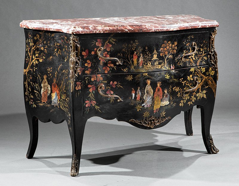Louis XV-Style Gilt Chinoiserie Commode: Louis XV-Style Gilt Bronze-Mounted Chinoiserie Bombé Commode, serpentine rouge marble top, two drawers, cabriole legs, sabots, h. 35 1/4 in., w. 51 1/2 in., d. 23 in