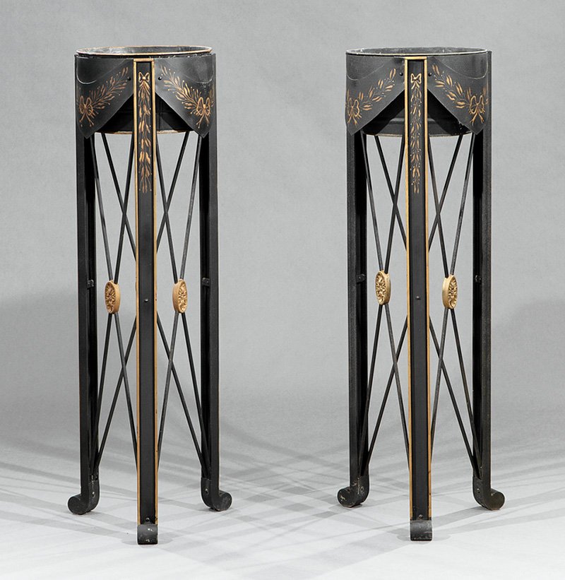 Tole Peinte and Iron Jardinieres on Stands: Pair of Neoclassical-Style Tole Peinte and Iron Jardinieres on Stands, molded legs, scroll feet, h. 48 1/2 in., dia. 13 1/2 in