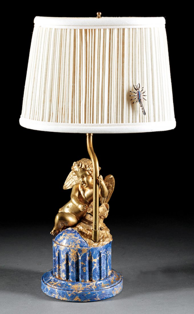 Continental Faux Marbre Cherub Lamp: Continental Faux Marbre and Gilt Bronze Cherub Lamp, 20th c., pleated drum shade mounted with small scorpion, h. 19 in