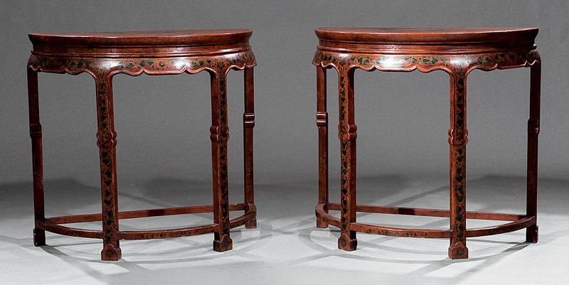 Pair of Chinese Red Lacquer Console Tables: Pair of Chinese Polychrome Painted Red Lacquer Console Tables, probably late 19th/early 20th c., demilune banded tops, shaped friezes, molded legs, stretchers, h. 32 in., w. 34 in., d. 17 in