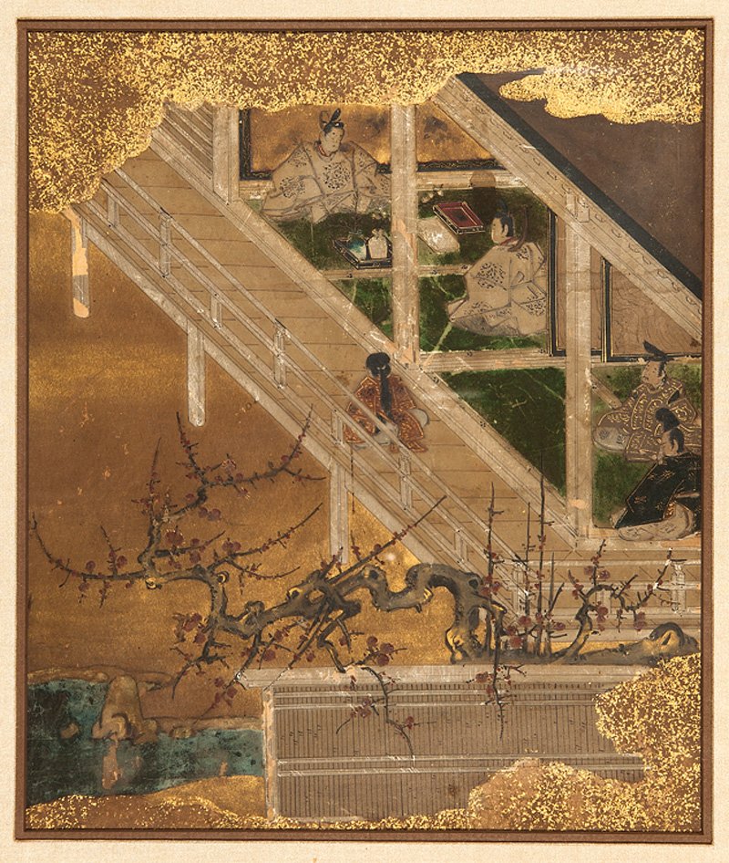 Japanese School, probably Edo Period (1615-1868): Japanese School, probably Edo Period (1615-1868), "Court Scenes", two paintings, each ink, color and gold leaf on paper, sight 9 1/2 in. x 8 1/4 in., double matted and framed alike
