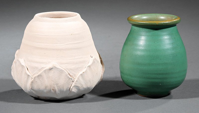 Two Newcomb College Art Pottery Vases: Two Newcomb College Art Pottery Vases, green glaze vase, base marked with Newcomb cypher, Joseph Meyer's potter's mark, h. 3 1/2 in., dia. 3 in.; and an unglazed floriform vase, with Joseph Meyer's po
