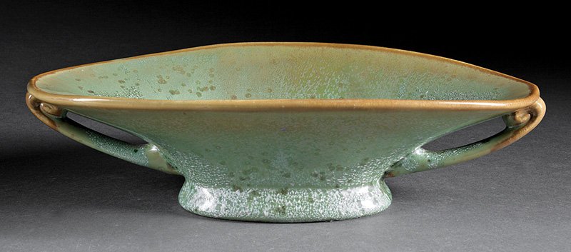Fulper Pottery Centerpiece: Fulper Pottery Centerpiece, stamped, oval two handled, with removable flower frog, in a green and mustard glaze, h. 3 1/4 in., w. 12 3/8 in., d. 6 1/2 in