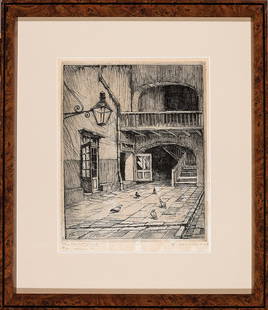 Ellsworth Woodward (American/New Orleans): Ellsworth Woodward (American/New Orleans, 1861-1939), "The Courtyard", etching on paper, initialed "E.W." in plate lower left, pencil-signed, titled and inscribed "#22 - edition 75" lower margin, 10 i