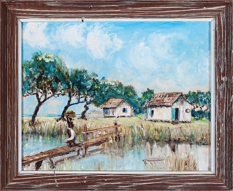 Steele Burden (American/Louisiana, 1900-1995): Steele Burden (American/Louisiana, 1900-1995), "Grand Isle", oil on canvas board, unsigned, titled, inscribed "Ione Burden" and "Taylor Clark, Government St." label en verso, 8 in. x 10 in., framed. P