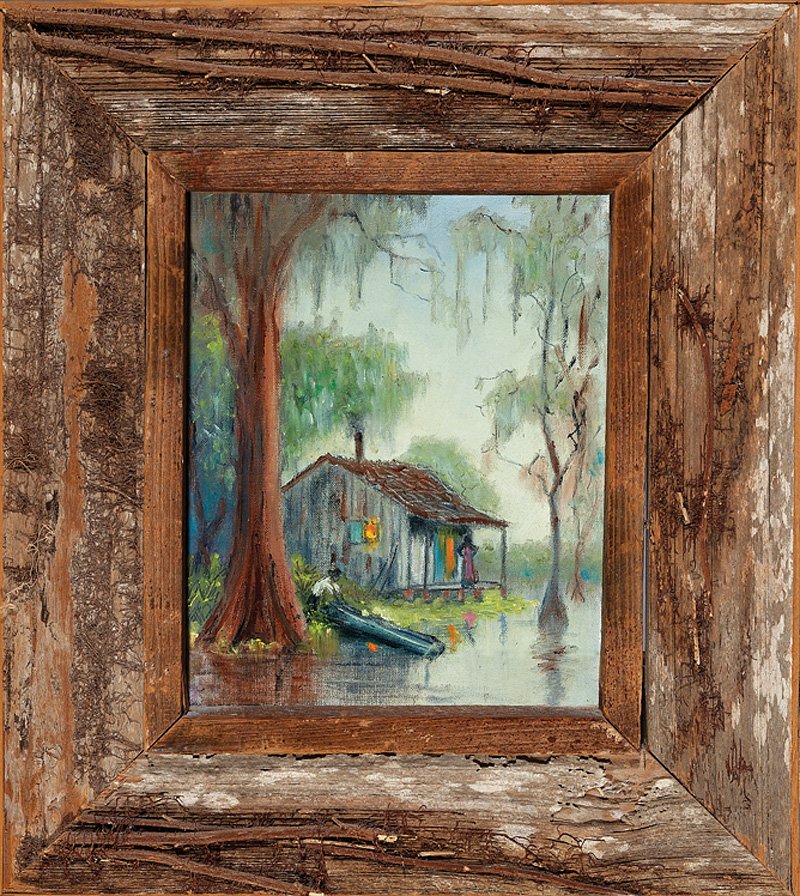 Steele Burden (American/Louisiana, 1900-1995): Steele Burden (American/Louisiana, 1900-1995), "Evening on the Bayou", oil on canvas board, unsigned, 10 in. x 8 in., handmade cypress frame. Provenance: Gift of the artist