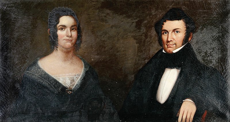 American School, mid-19th c: American School, mid-19th c., "Double Portrait of Samuel P. Moody (1832-1894) and Adelaide Victoria (née Hixon) Moody (1840-1920)", oil on canvas, unsigned, typewritten label identifying sitters en v