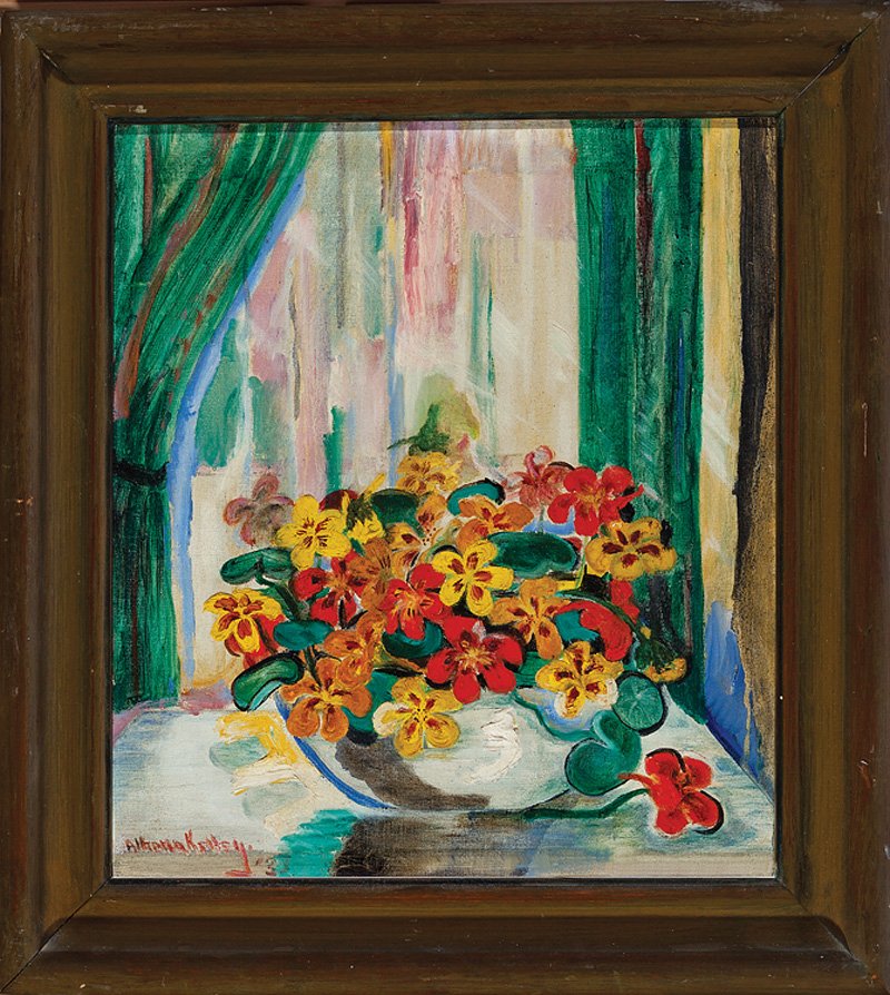 Alberta Kinsey (American/Louisiana, 1875-1952): Alberta Kinsey (American/Louisiana, 1875-1952), "Sunshine: Still of Pansies", 1933, oil on canvas, signed and dated lower left, titled en verso, 18 in. x 16 in., period frame. Provenance: Estate of Dr