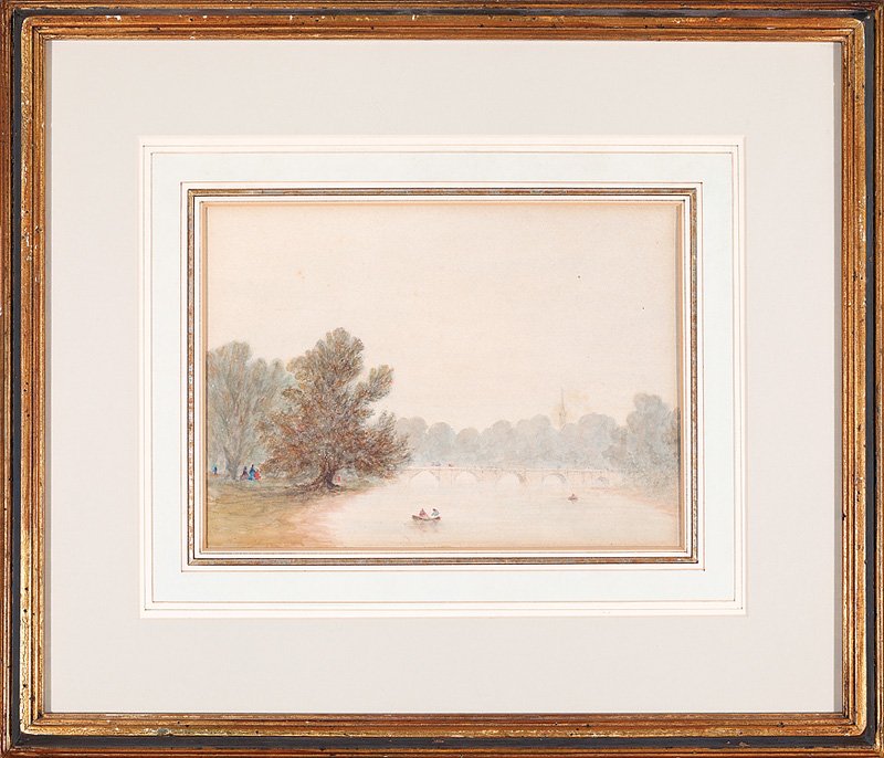 Attributed to John Baverstock Knight (British): Attributed to John Baverstock Knight (British, 1785-1859), "The Serpentine, Hyde Park, London", watercolor on paper, unsigned, pencil-titled and typewritten label identifying artist en verso, 7 in. x