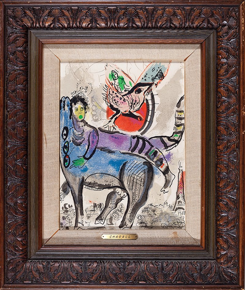 Marc Chagall (Russian/French, 1887-1985): Marc Chagall (Russian/French, 1887-1985), "The Blue Cow", Plate 29, color lithograph, printed by Mourlot, Paris, 1967, sheet printed to edges, 12 in. x 9 in., framed