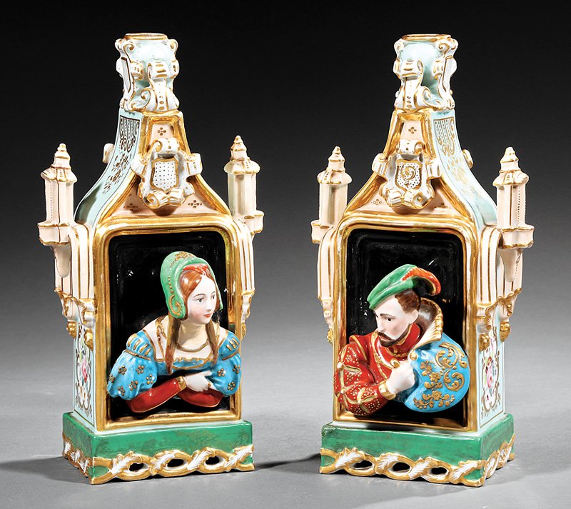 Pair of Jacob Petit Porcelain Scent Bottles: Pair of Jacob Petit Paris Porcelain Scent Bottles, 19th c., one marked "JP", each modeled in the form of a steeple with the male and female figures in Renaissance attire peering out the windows, bases