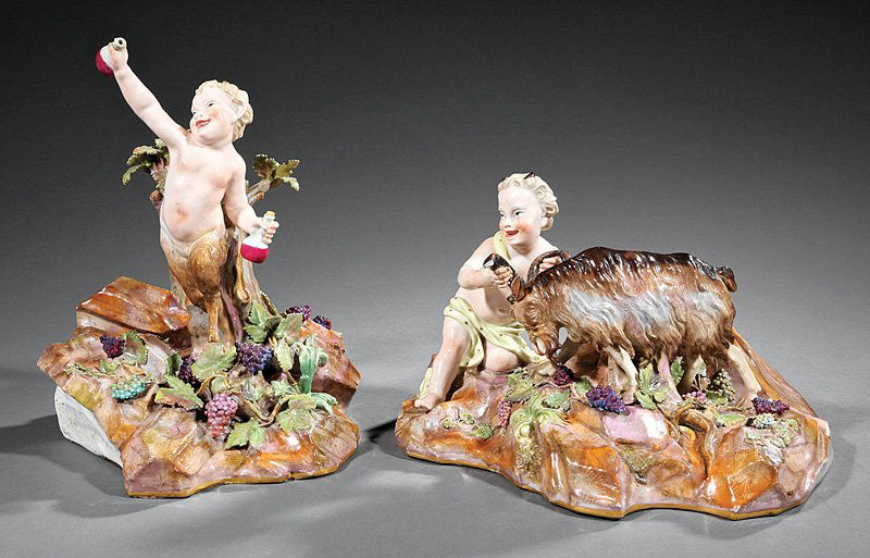 2 Meissen-Style Porcelain Faun Figural Groups: Two Meissen-Style Polychrome Porcelain Faun Figural Groups, probably 19th c., crossed sword marks, incised A96, first modeled holding wine bottles, second holding ram's horns, each on grape-strewn roc