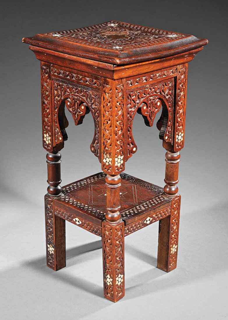 Ottoman or Syrian Mother-of-Pearl Tabouret: Ottoman or Syrian Mother-of-Pearl Inlaid Carved Hardwood Tabouret, probably 19th c., molded top, Moorish arch sides, stretcher shelf, overall blind fretwork carving. Provenance: Estate of Janice Lane 