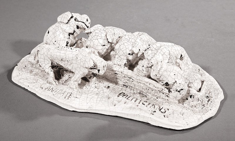 Steele Burden (American/Louisiana, 1900-1995): Steele Burden (American/Louisiana, 1900-1995), "Candidate - Politicians", white crackle glazed ceramic, incised title on self-base, signed and titled on underside, h. 2 1/8 in., w. 7 3/4 in., d. 5 1/4