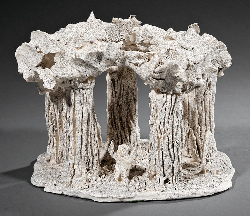 Steele Burden (American/Louisiana, 1900-1995): Steele Burden (American/Louisiana, 1900-1995), "Cypress Trees", white crackle glazed ceramic, incised "SB" initials on self-base, h. 6 in., w. 7 5/8 in., d. 6 in