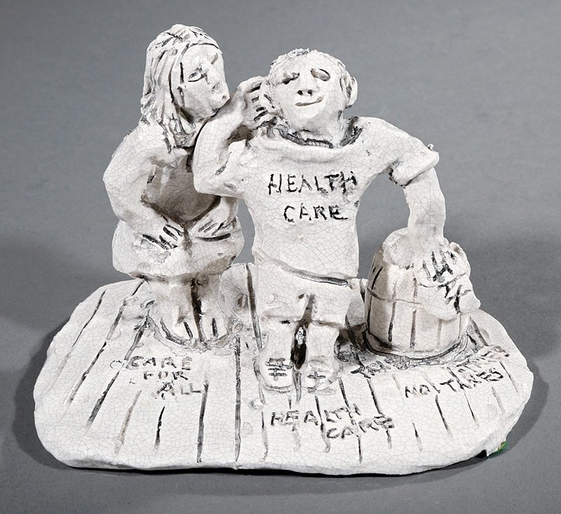Steele Burden (American/Louisiana, 1900-1995): Steele Burden (American/Louisiana, 1900-1995), "Bill + Hillary", white crackle glazed ceramic, incised "SB" initials on self-base, signed and titled on underside of base, h. 4 in., w. 5 1/2 in., d. 4 