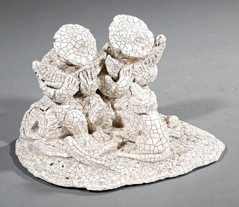 Steele Burden (American/Louisiana, 1900-1995): Steele Burden (American/Louisiana, 1900-1995), "Greedy Guts", white crackle glazed ceramic, incised title on self-base, signed and titled on underside of base, h. 3 1/4 in., w. 5 in., d. 4 1/2 in