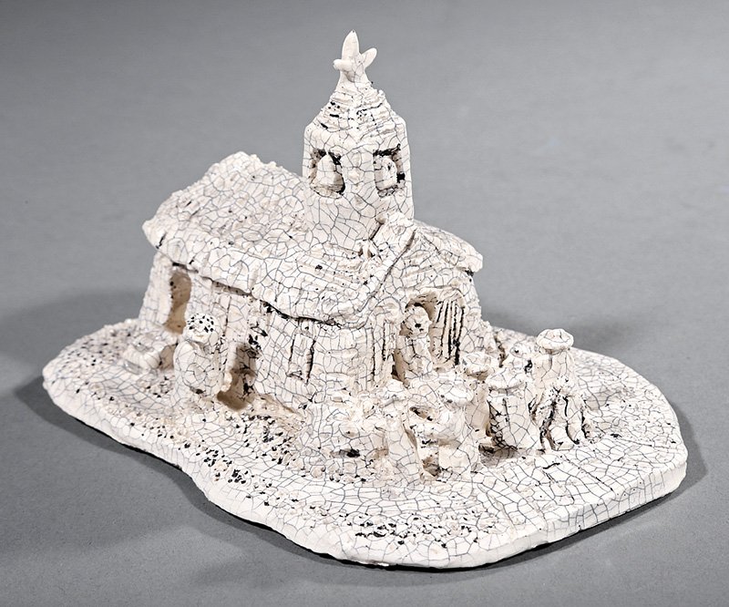 Steele Burden (American/Louisiana, 1900-1995): Steele Burden (American/Louisiana, 1900-1995), "Sunday at Church", white crackle glazed ceramic, signed and titled on underside, h. 3 1/2 in., w. 5 5/8 in., d. 4 1/4 in