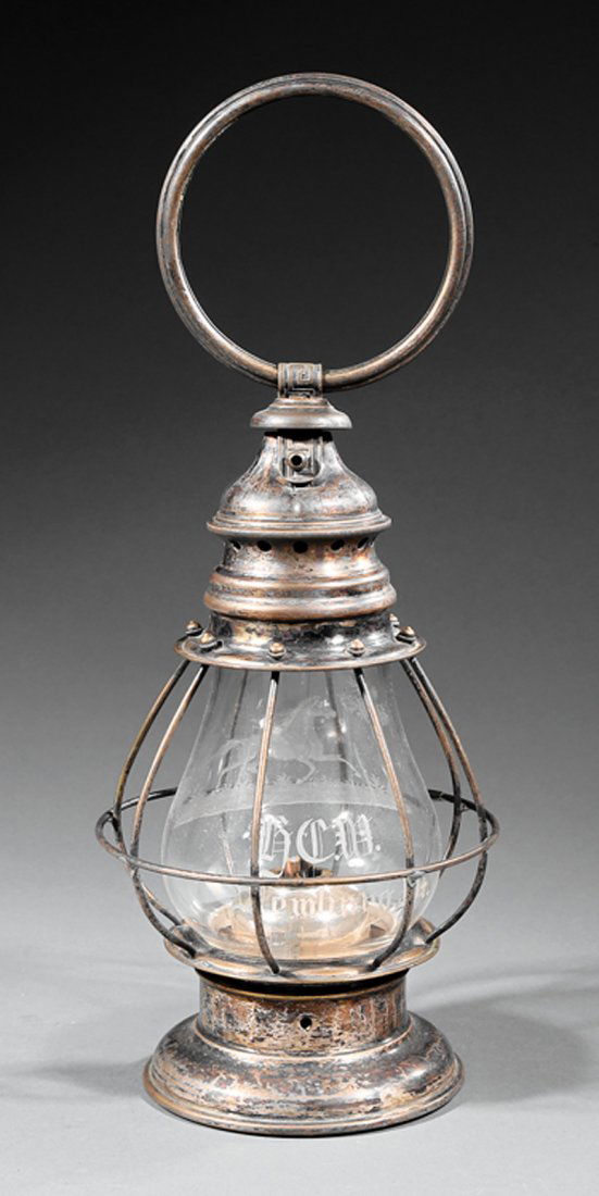 Silvered Brass Fireman's Presentation Lantern: Antique Silvered Brass Fireman's Presentation Lantern, fixed cage, globe inscribed "HCM Newburg VT" and with a trotting horse, h. 17 1/2 in., dia. 6 1/2 in. Provenance: The Service Collection, Estate