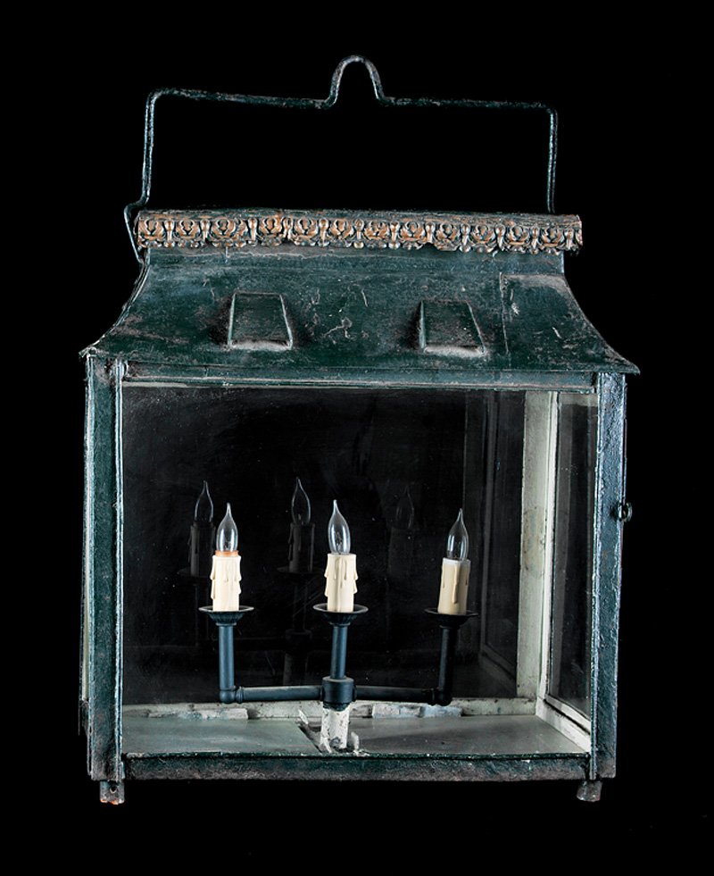 Directoire-Style Tôle Peinte Gas Lantern: Directoire-Style Tôle Peinte Gas Lantern, 20th c., pagoda form, now electrified, h. 25 1/2 in., w. 18 in., d. 9 1/2 in. Provenance: Collection of a Jackson, MS Lady