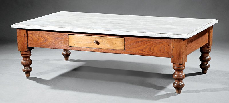 French Elm Low Table: French Elm Low Table, composed of antique elements, top with rubbed grey paint, frieze drawers, turned legs, pegged construction, h. 18 in., w. 60 in., d. 33 in