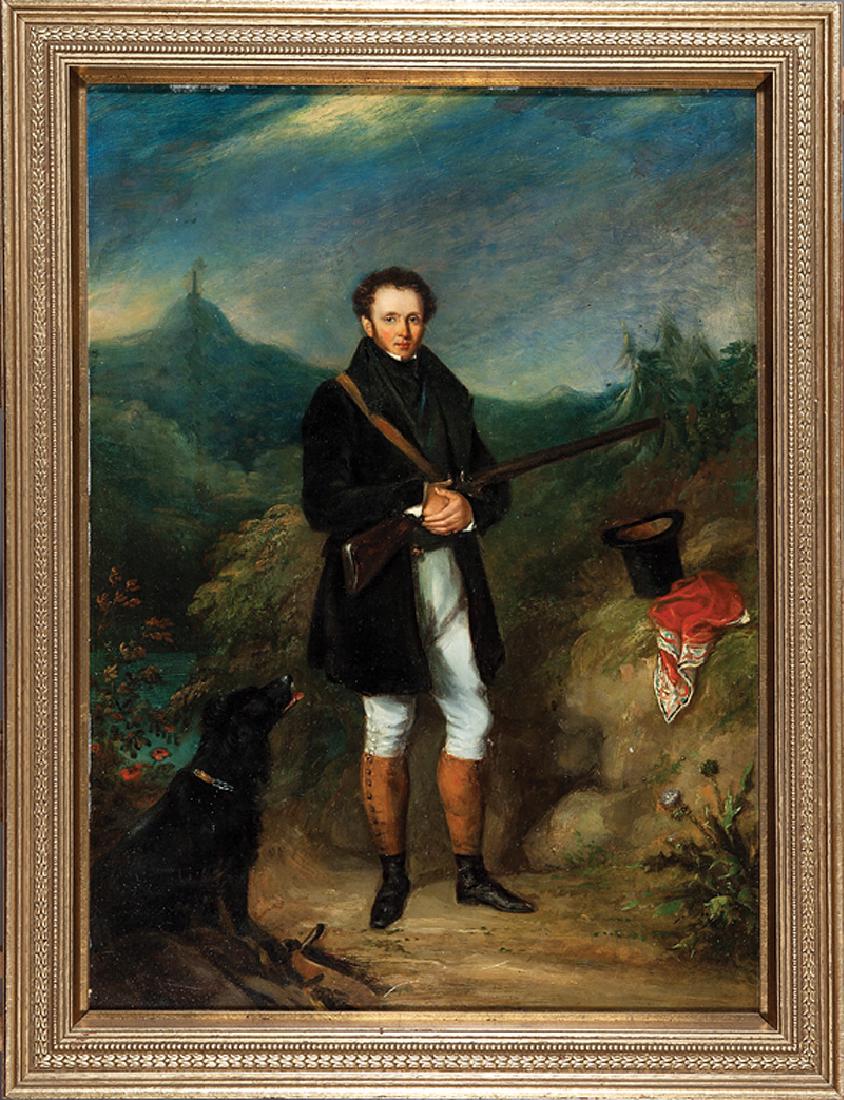 British School, early 19th c.: British School, early 19th c., "Scottish Hunter with His Dog", oil on copper, indistinctly signed lower left, 24 in. x 17 1/2 in., framed