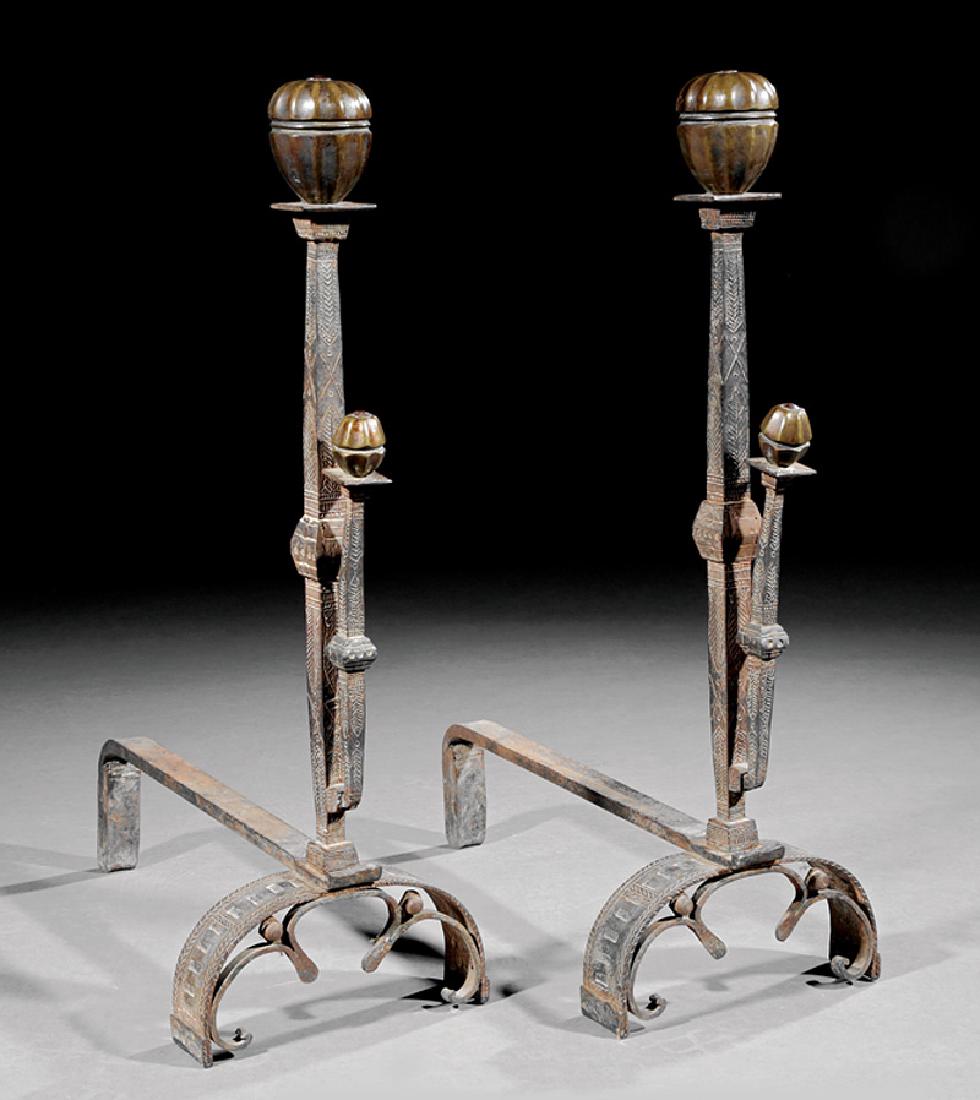 Large Spanish Bronze and Wrought Iron Andirons: Pair of Large Spanish Bronze and Wrought Iron Andirons, melon finial, incised decoration, h. 34 1/2 in., w. 23 in., d. 12 in. Provenance: A Natchez, MS Plantation
