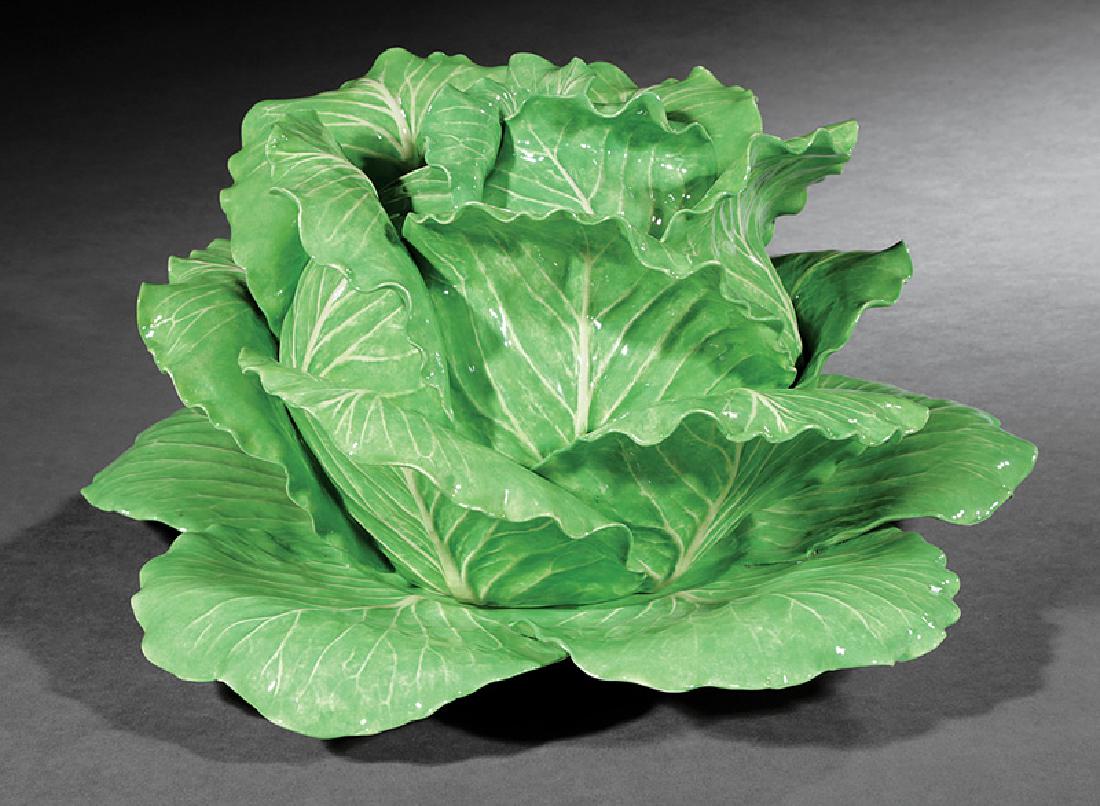 Dodie Thayer Pottery Lettuce Ware Tureen, Stand: Dodie Thayer Pottery Lettuce Ware Tureen, Cover and Stand, incised mark "Au Bon Gout, Palm Beach July '78, Dodie Thayer", w. 16 5/8 in. Provenance: DuPont Family Estate